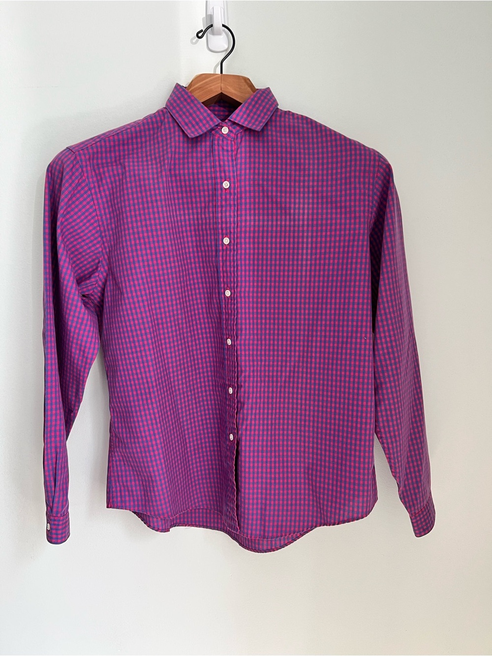 Vintage Lands End Gingham Check Button Down Shirt Womens 12 Pink Blue